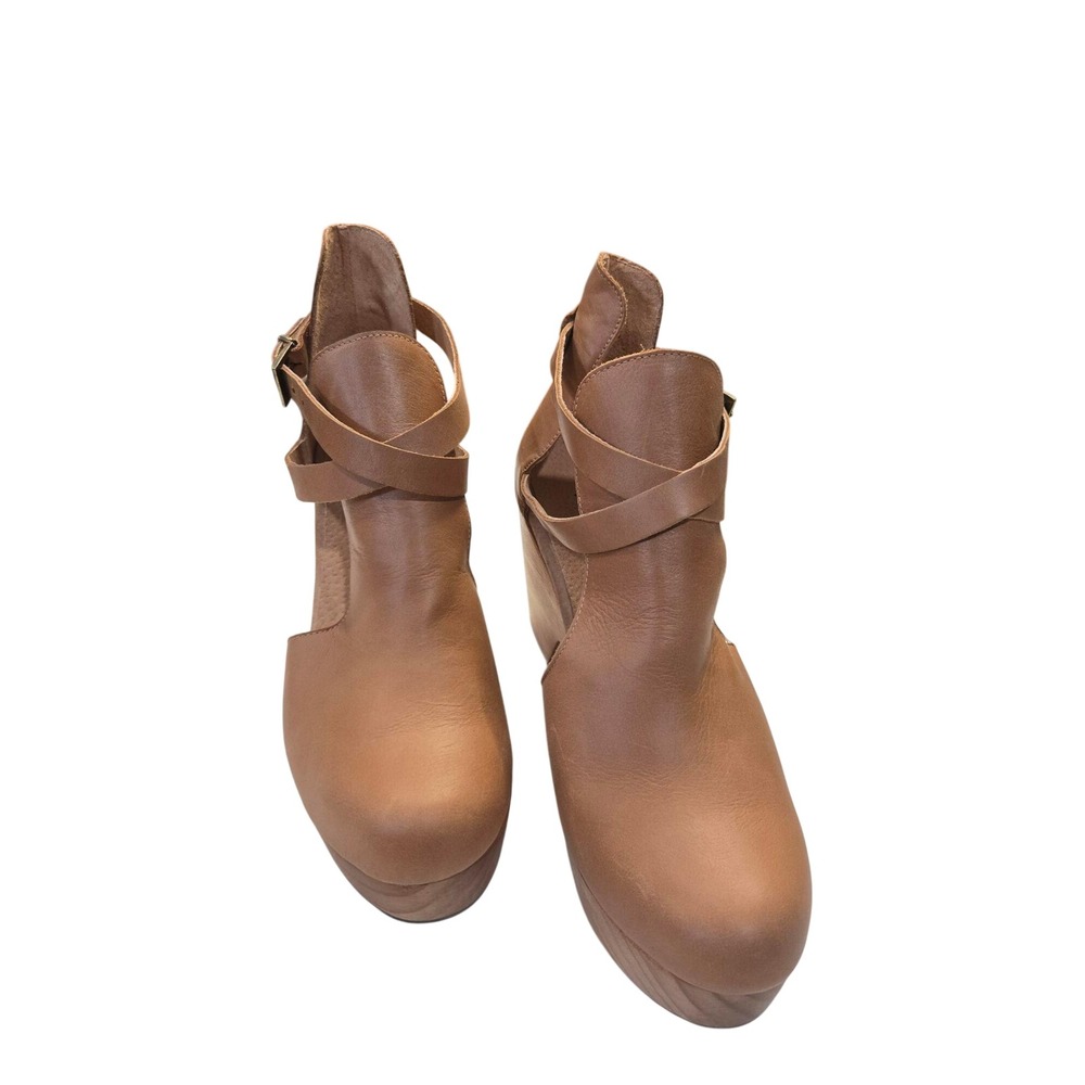 Free People Tan Leather Wooden Platform Clog Ankle Boots Cutout Strappy Size 8.5